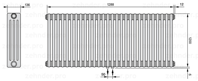 Схема (чертеж) Радиатор Zehnder Charleston 4120/28 №5410 Белый глянцевый RAL 9016